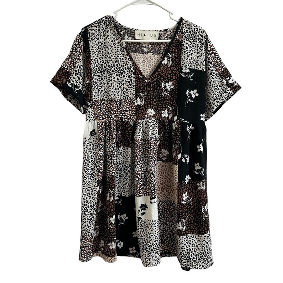Hiatus Women’s Size S Patchwork Leopard Floral Print Short Sleeve Mini Dress - Picture 1 of 9